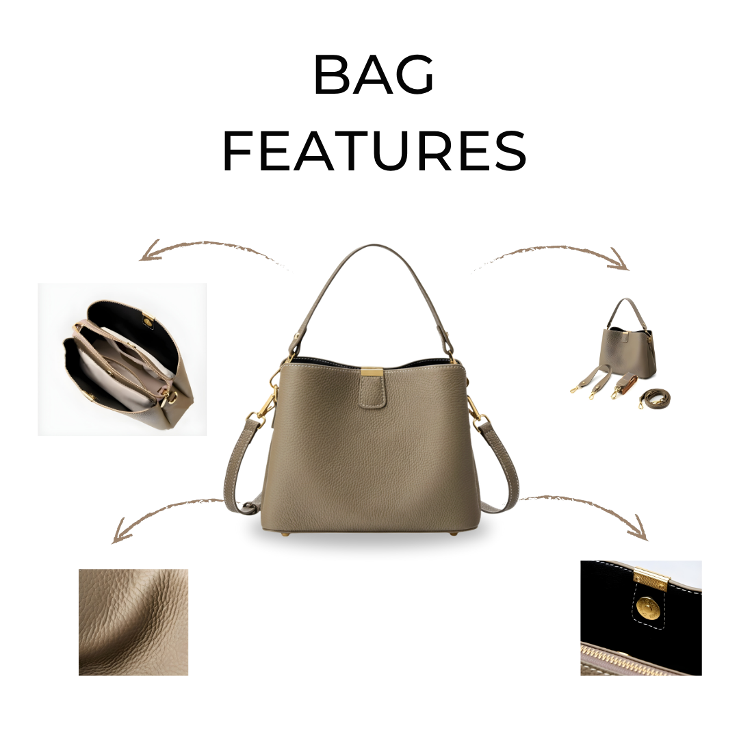 Irene – Genuine Leather Bucket Bag with Classic Gold Trim