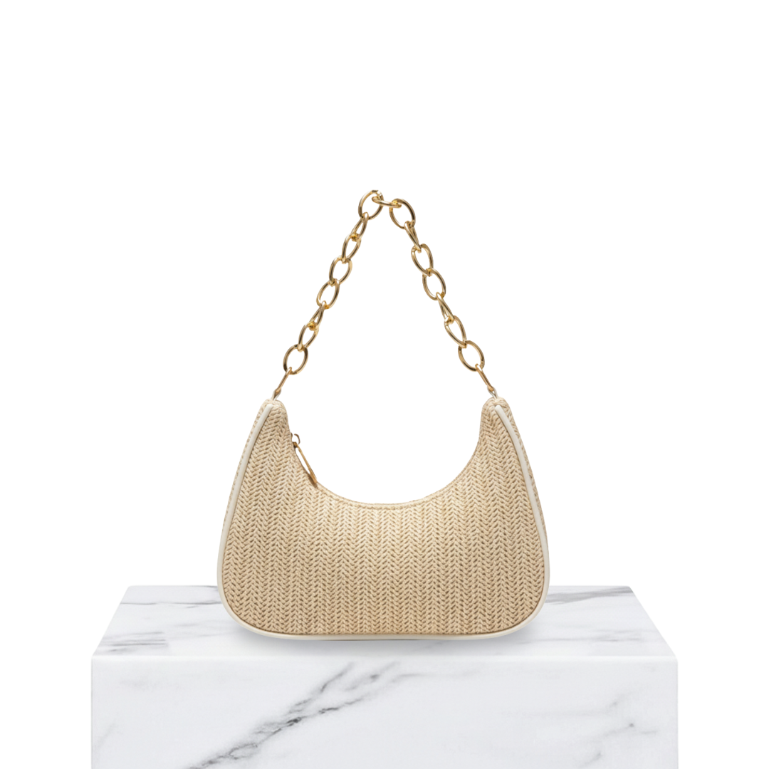 Irene – Straw Crescent Shoulder Bag with Metal Chain