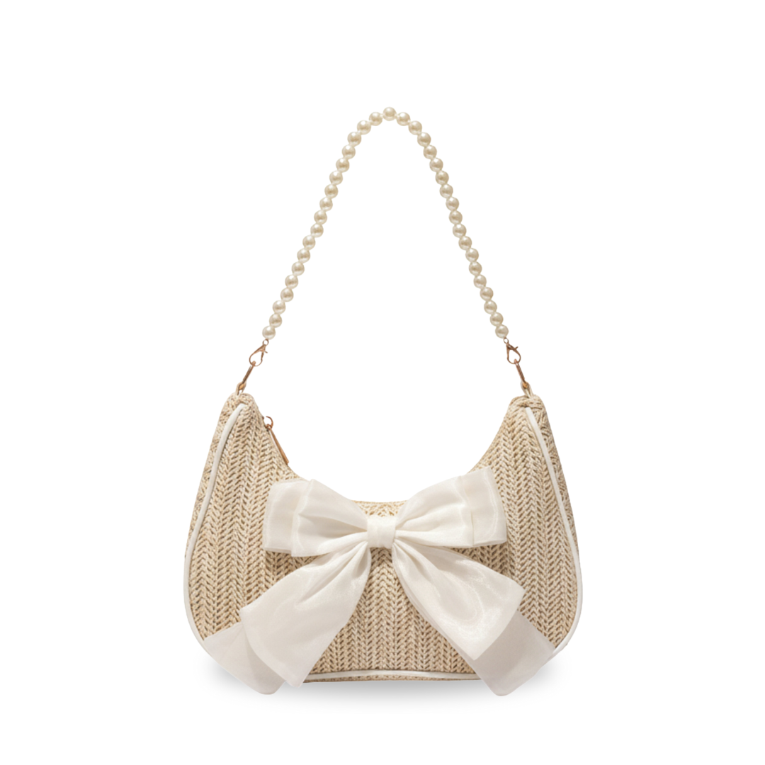 Irene – Straw Crescent Shoulder Bag with Metal Chain