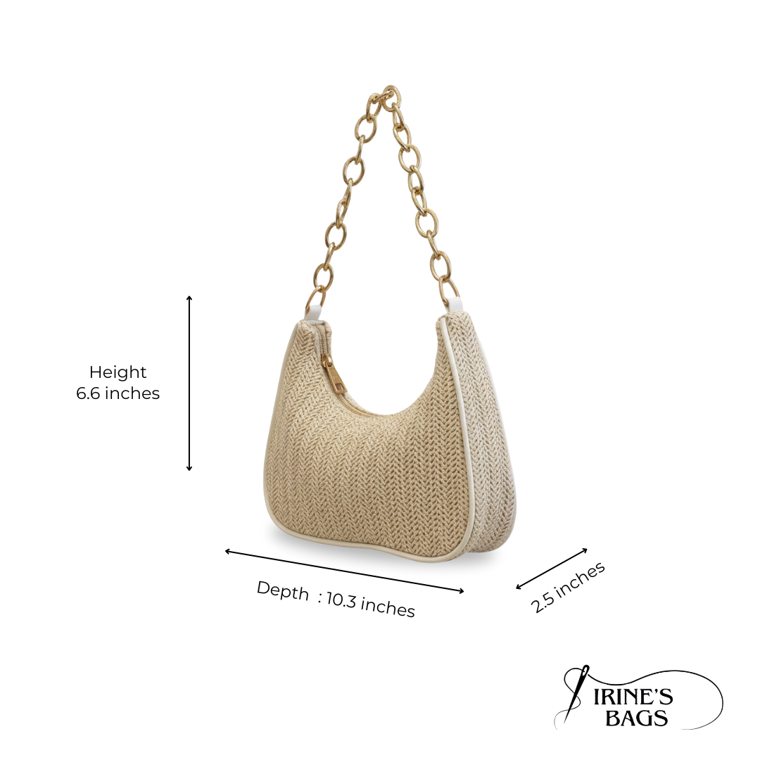 Irene – Straw Crescent Shoulder Bag with Metal Chain