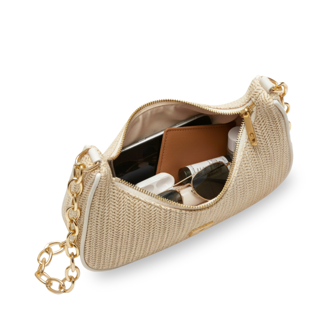 Irene – Straw Crescent Shoulder Bag with Metal Chain