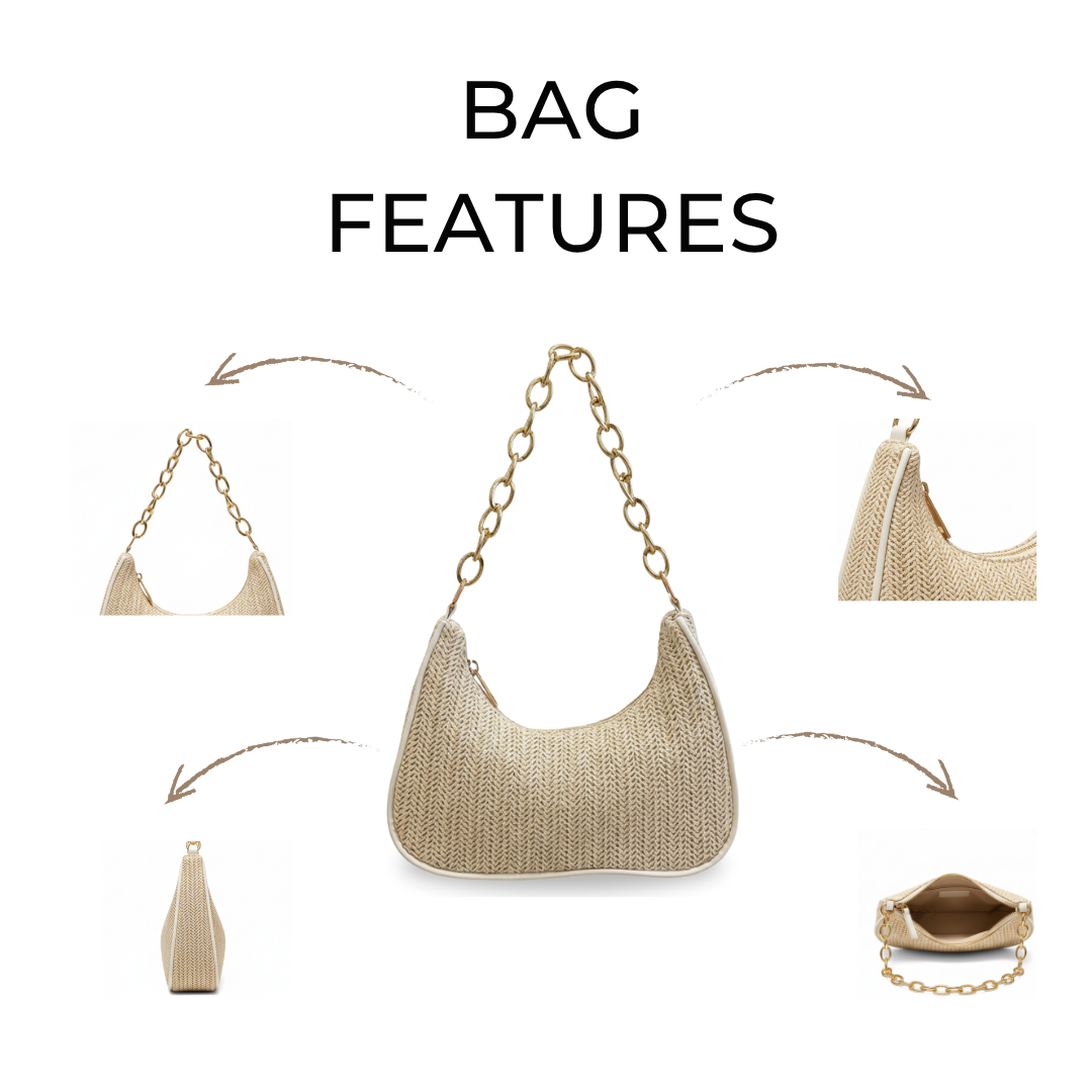Irene – Straw Crescent Shoulder Bag with Metal Chain