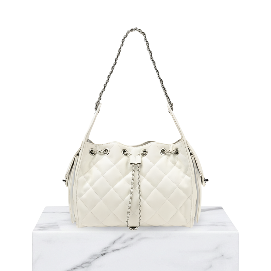 Irene – Leather Bucket Shoulder Bag with Classic Caviar Pattern