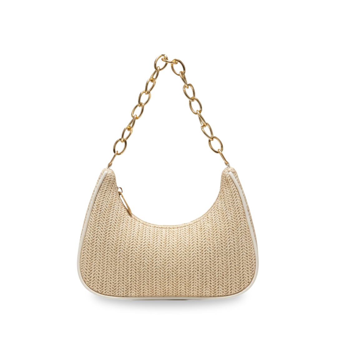 Irene – Straw Crescent Shoulder Bag with Metal Chain