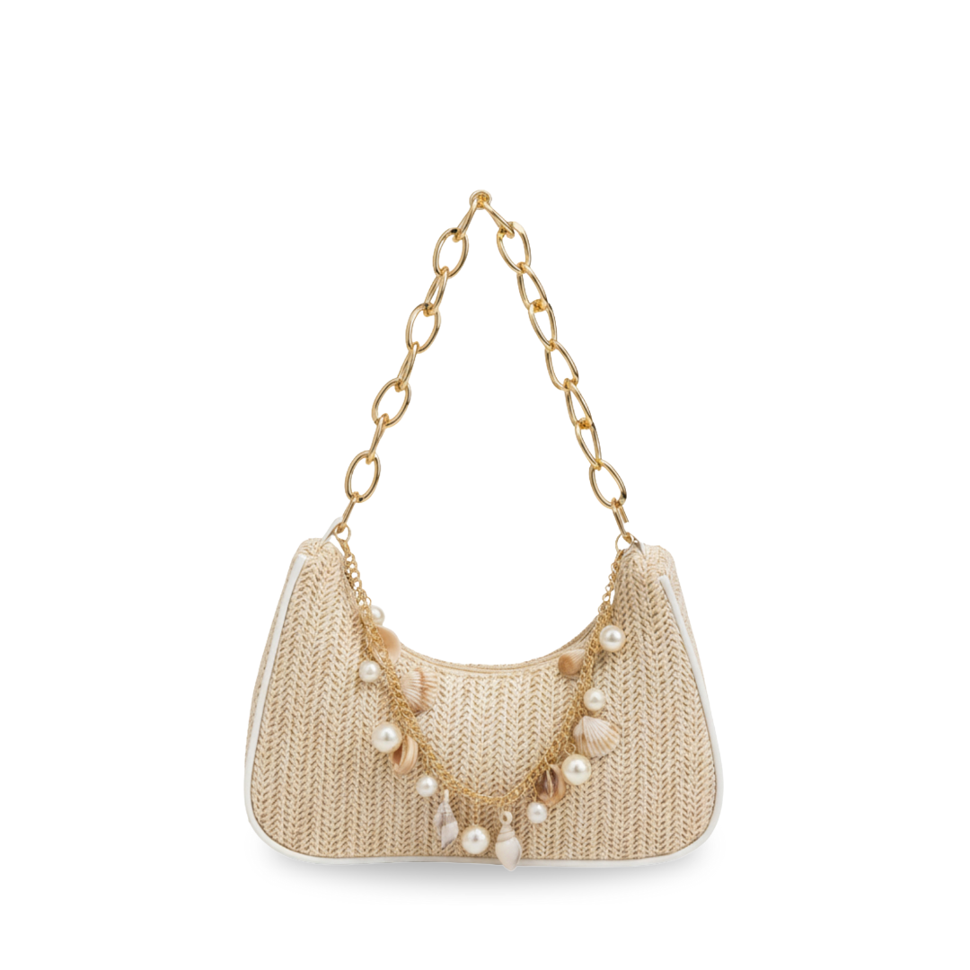 Irene – Straw Crescent Shoulder Bag with Metal Chain