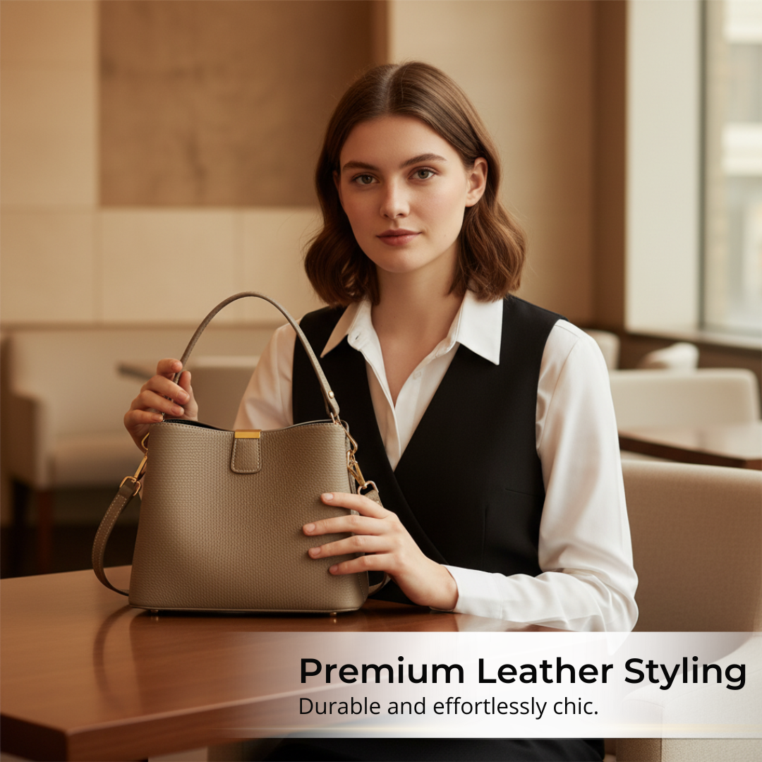 Irene – Genuine Leather Bucket Bag with Classic Gold Trim