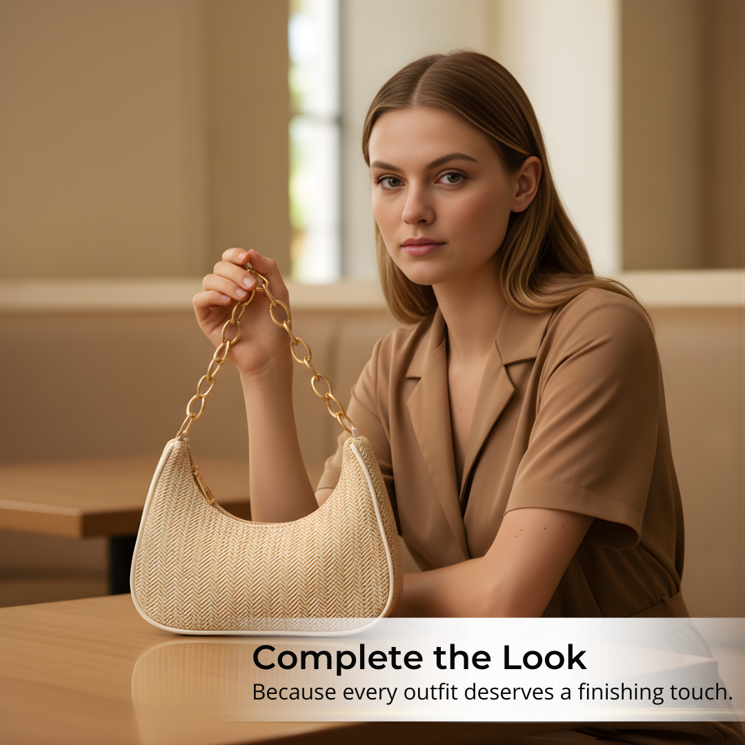 Irene – Straw Crescent Shoulder Bag with Metal Chain