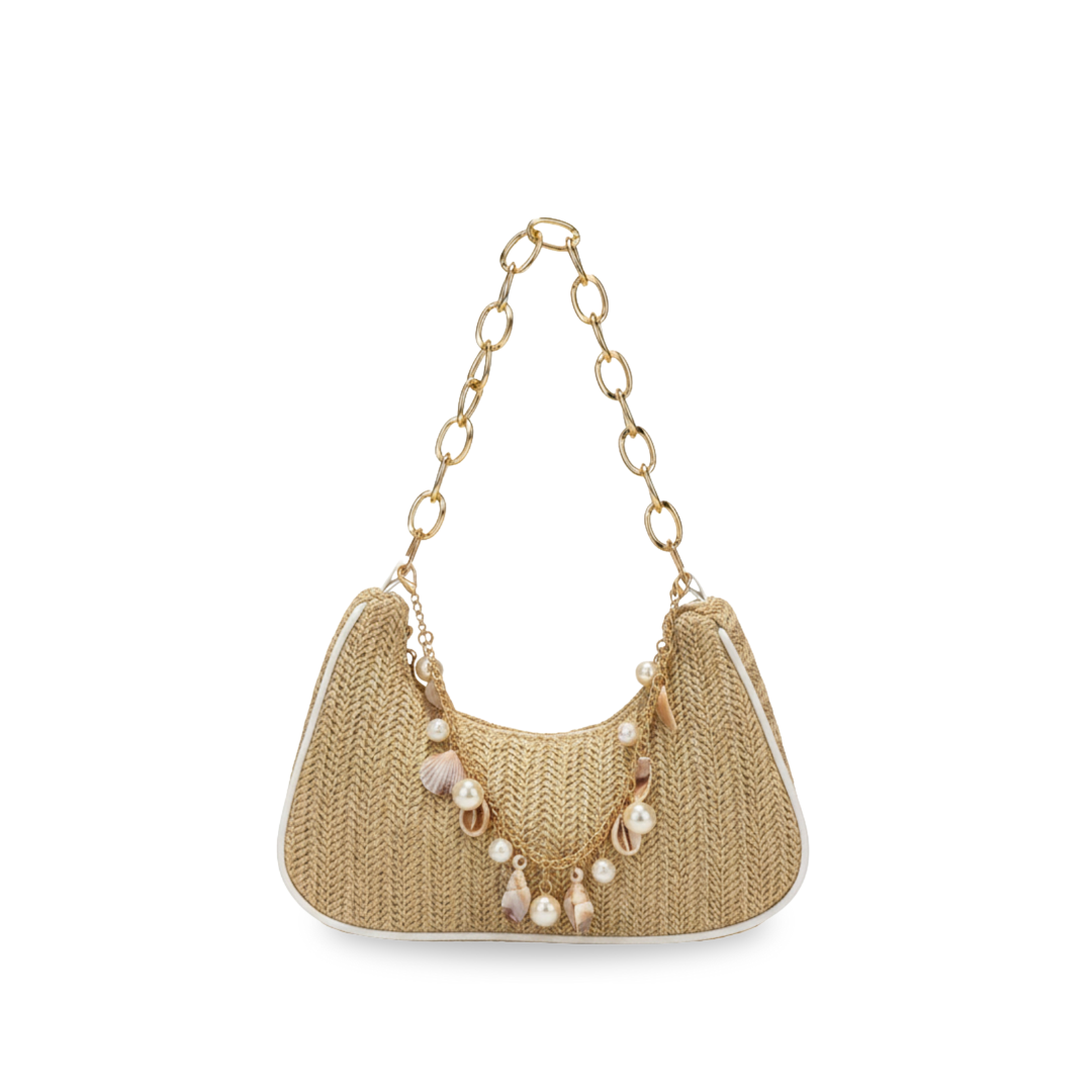 Irene – Straw Crescent Shoulder Bag with Metal Chain