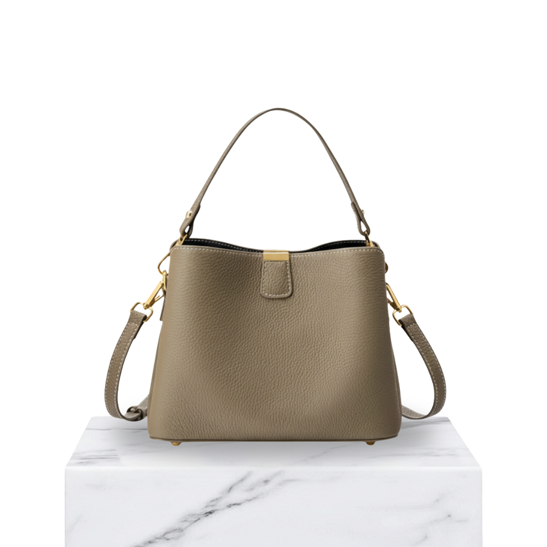 Irene – Genuine Leather Bucket Bag with Classic Gold Trim