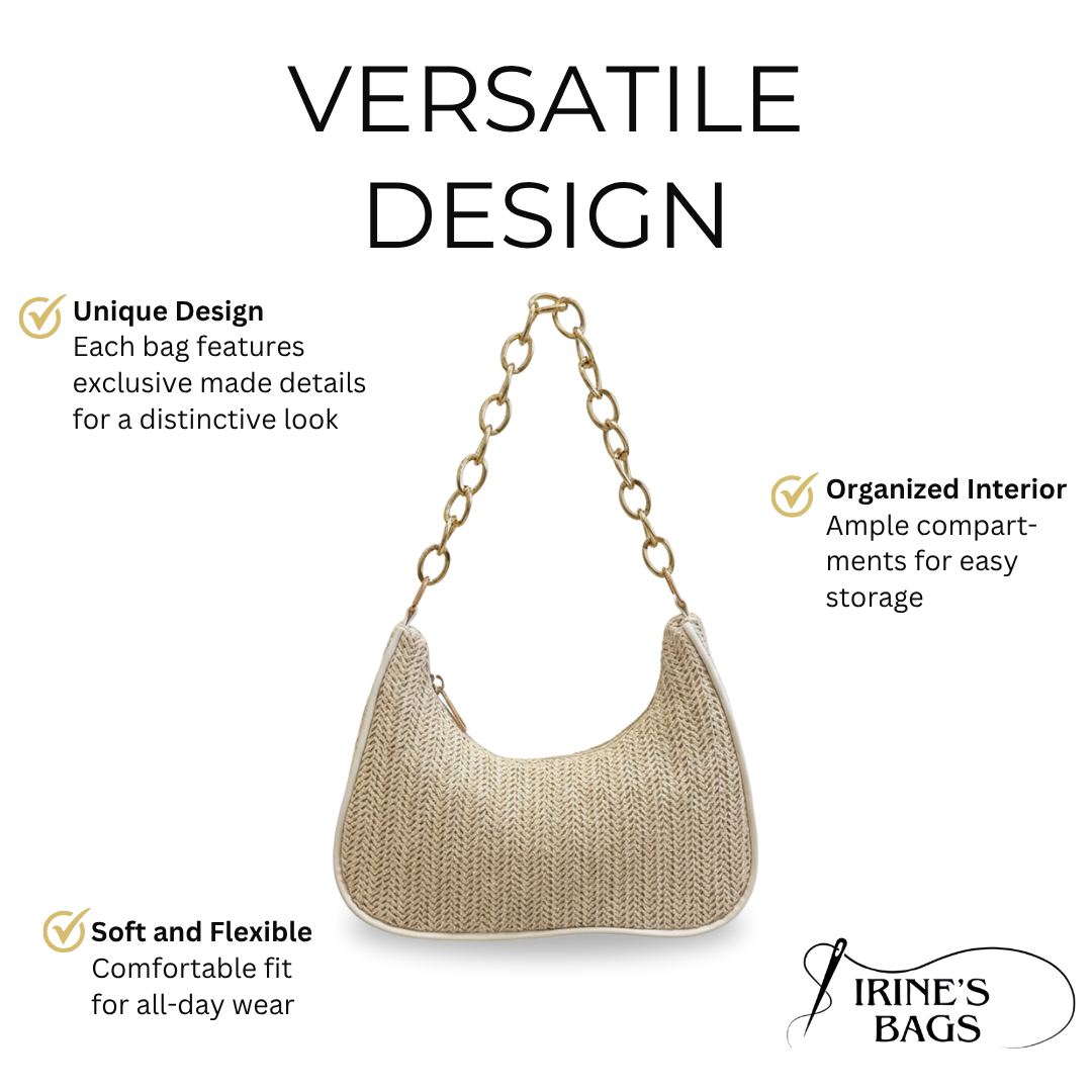 Irene – Straw Crescent Shoulder Bag with Metal Chain