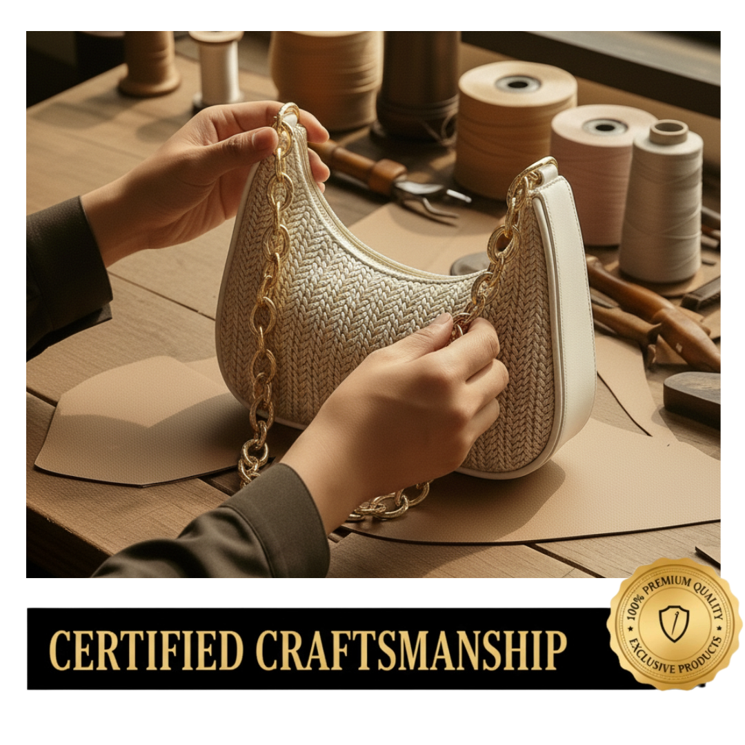 Irene – Straw Crescent Shoulder Bag with Metal Chain