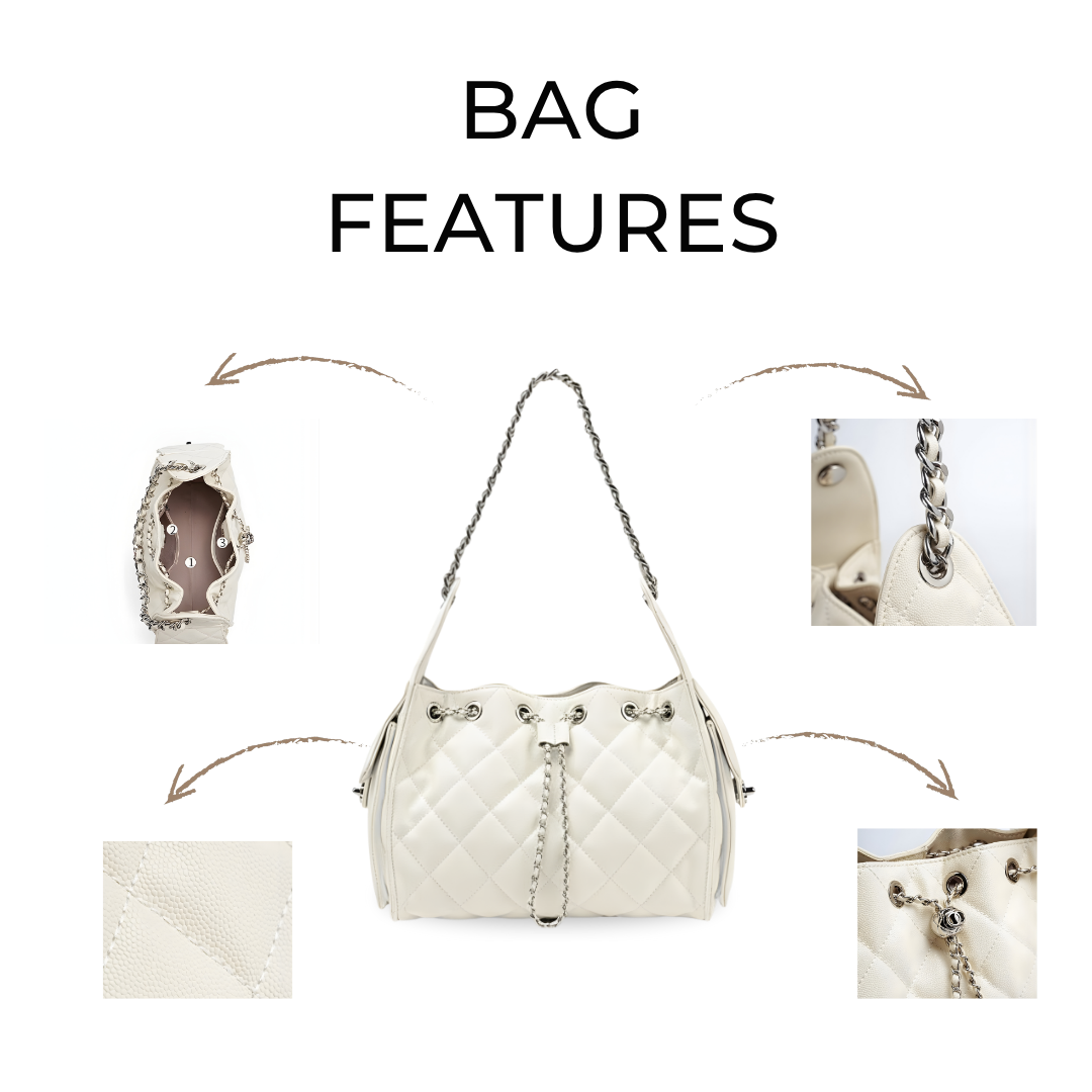 Irene – Leather Bucket Shoulder Bag with Classic Caviar Pattern