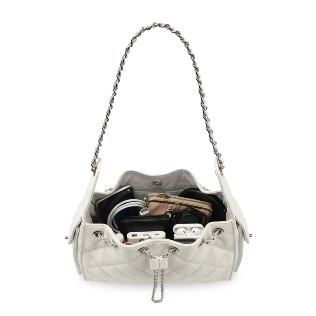 Irene – Leather Bucket Shoulder Bag with Classic Caviar Pattern