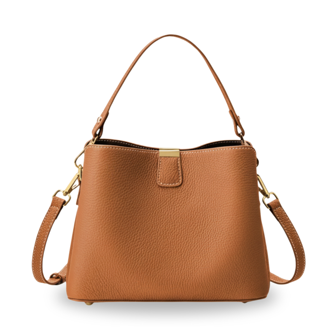 Irene – Genuine Leather Bucket Bag with Classic Gold Trim